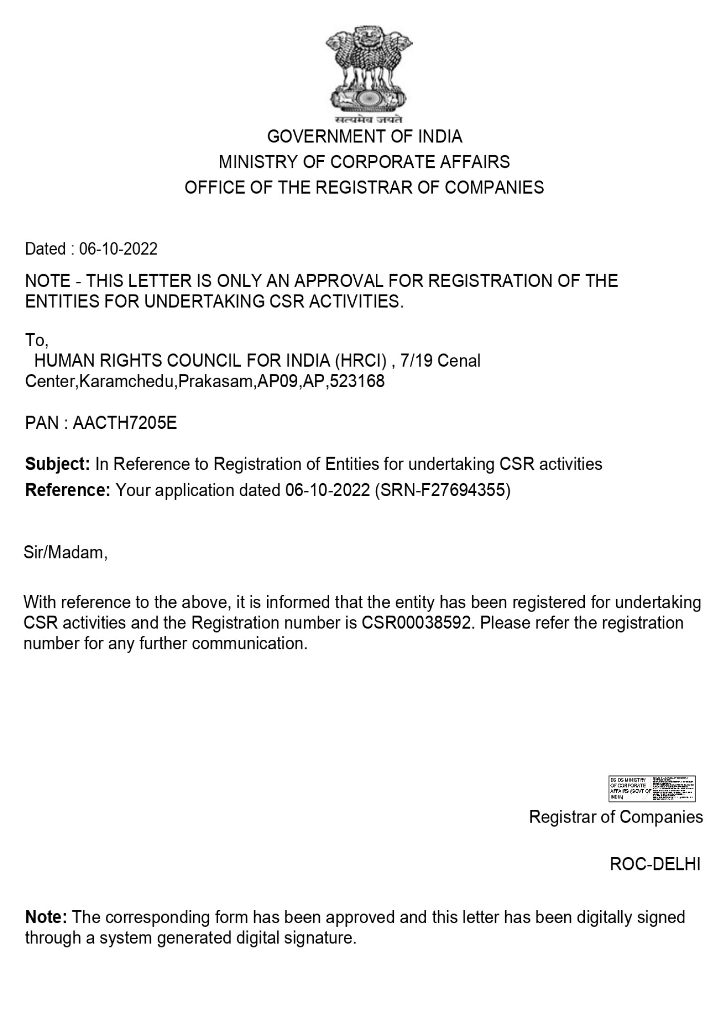 Registration (MCA) CSR00038592